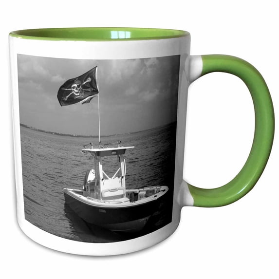 3drose, Boat with Pirate Flag Black and White, 15oz Two-tone Green Mug