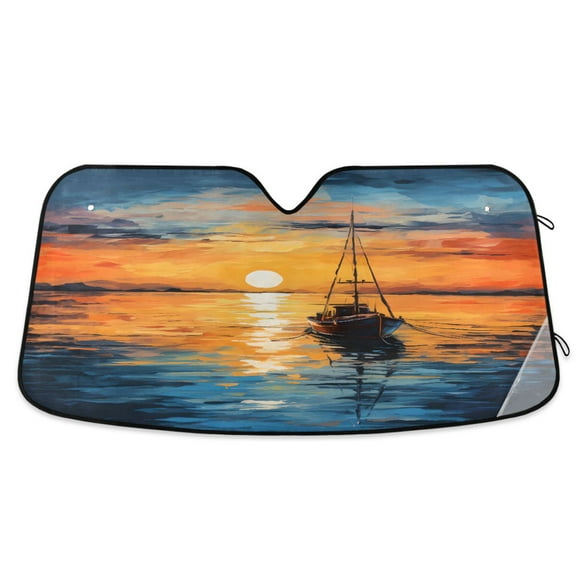 Boat and Sunset Car Windshield Sun Shade Foldable Car Front Window Visor Heat and UV Protection 53x23.5