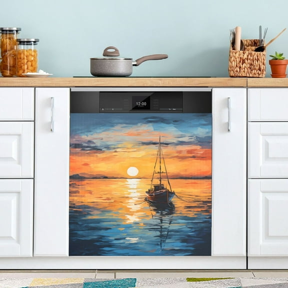Boat and Sunset Dishwasher Magnet Cover Magnetic Fridge Door Cover Home Kitchen Decor 23"x 26"