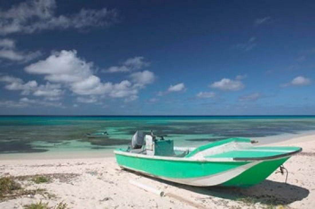 Boat and Turquoise Water on Pillory Beach Turks and Caicos Caribbean Canvas Art - Walter Bibikow DanitaDelimont (26 x 17)