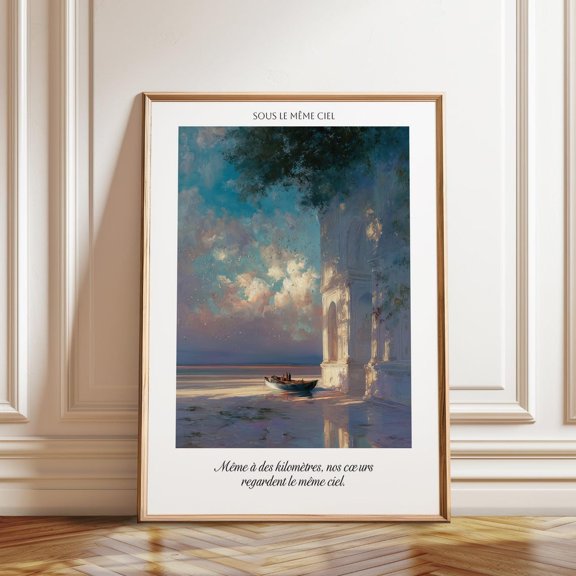 Boat at Sunset Romantic French Quote Seascape Artwork, Stretched Canvas 8x10in