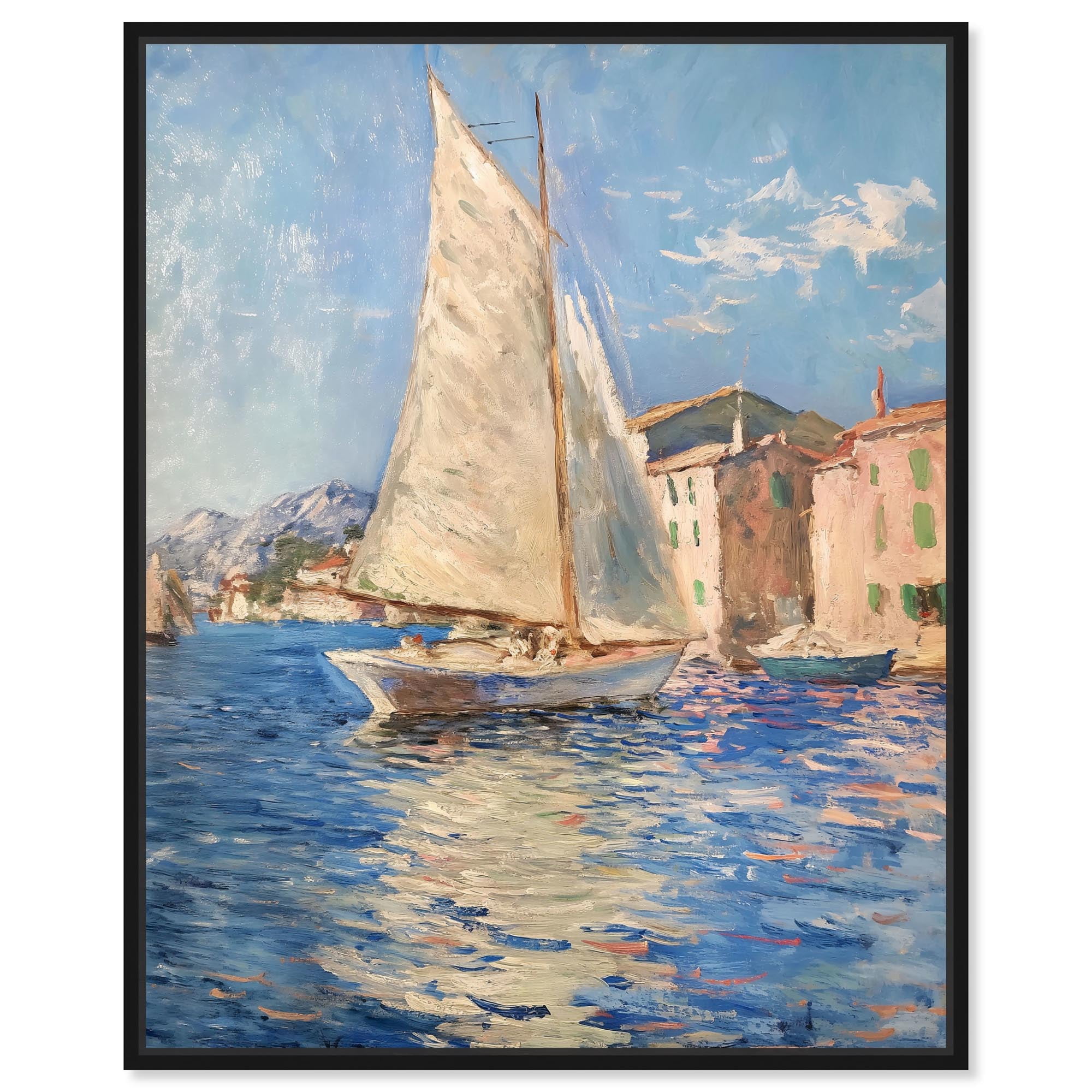 Boat by the Village Canvas Coastal Paintings by Art Remedy, Black Frame ...