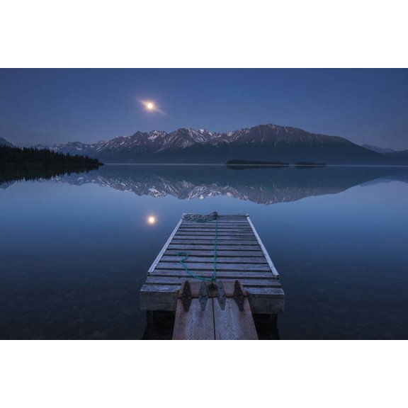 Boat dock with a full moon rising over the Chigmit Mountains at Lake Clark in Lake Clark National Park and Preserve Alaska Canvas Art - Carl Johnson Design Pics (38 x 24)