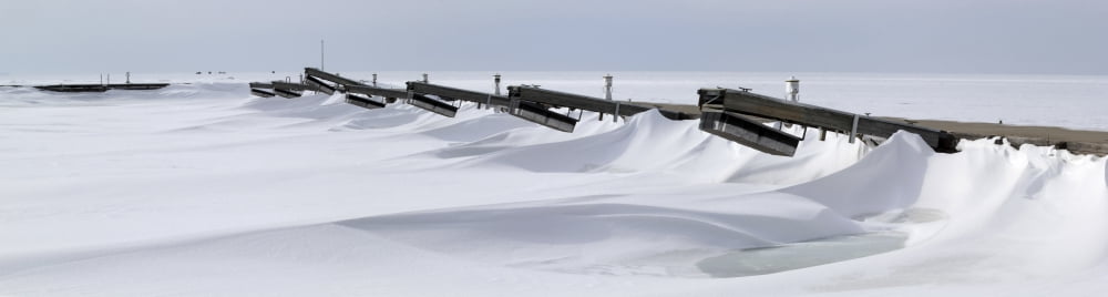 Boat dock in winter on Lake Michigan Door County Wisconsin USA Canvas Art - Panoramic Images (36 x 12)