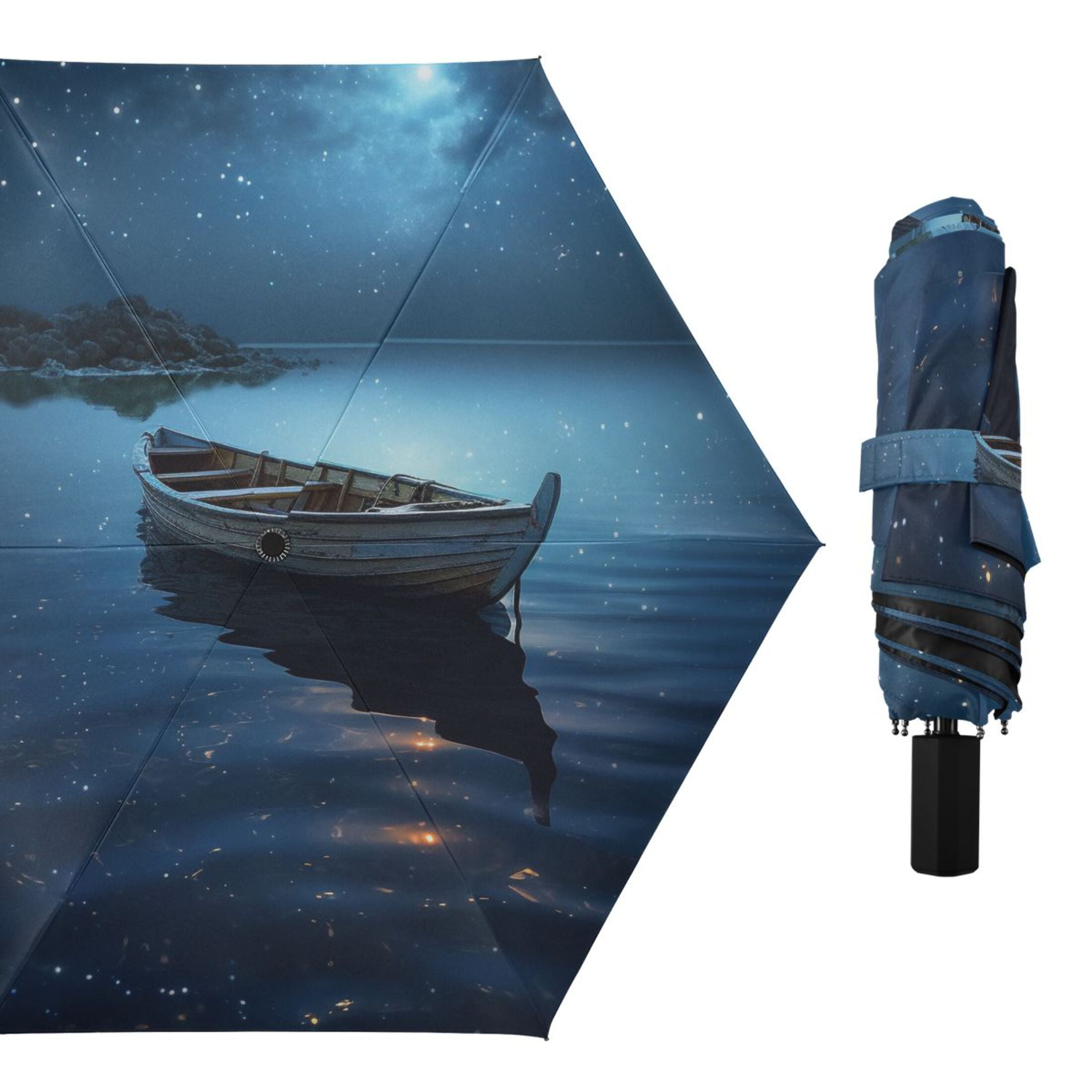 Boat in Night Compact Sun Umbrella Windproof Travel Umbrellas for Rain Strong Portable UV Protection