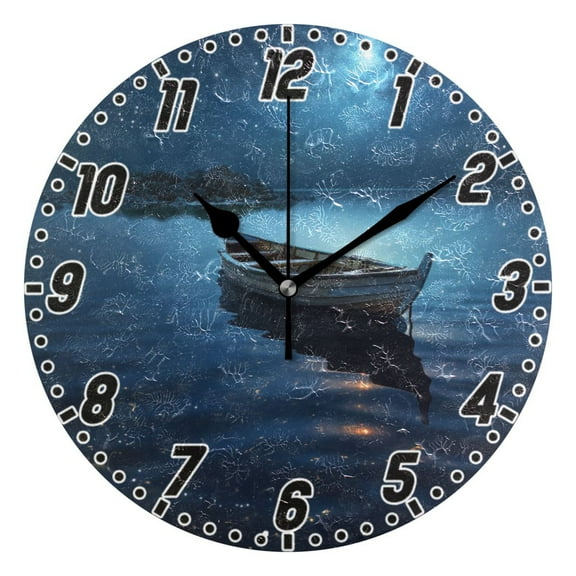 Boat in Night Wall Clock 9.8 inch Battery Operated Clocks Non-Ticking Silent for Bedroom Office Kitchen Living Room