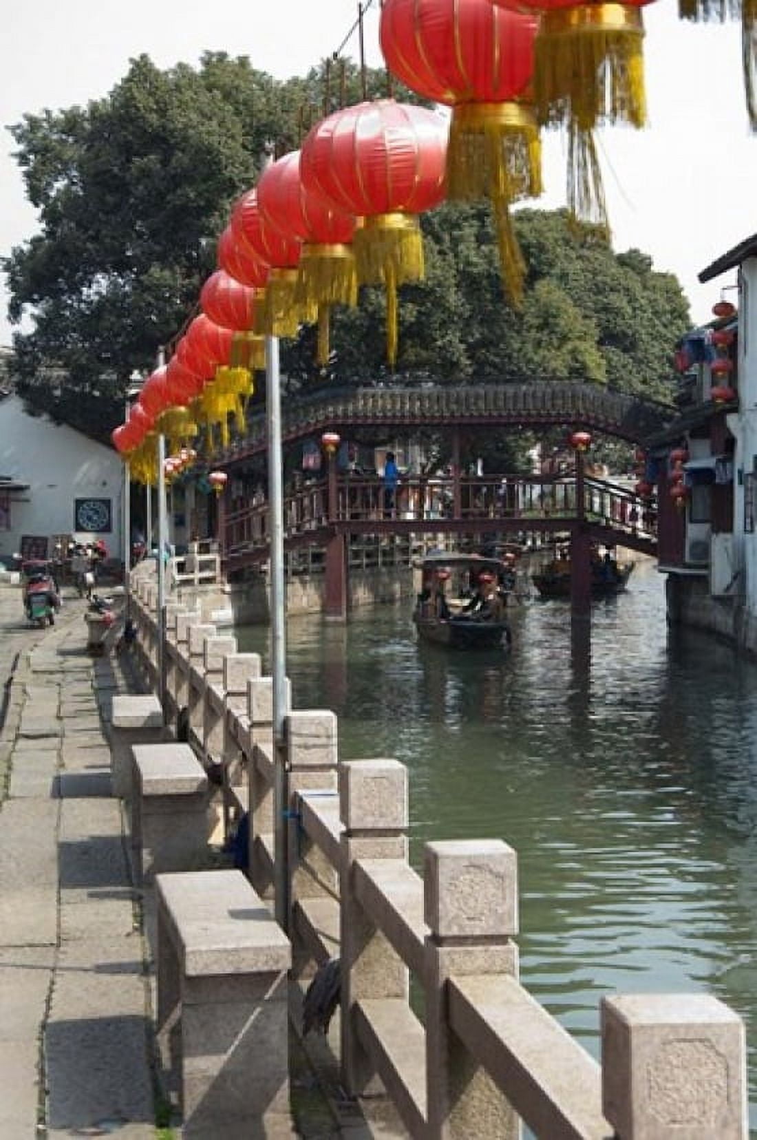 Boat in canal with old wooden bridge Zhujiajiao Shanghai China Canvas Art - Cindy Miller Hopkins DanitaDelimont (24 x 36)