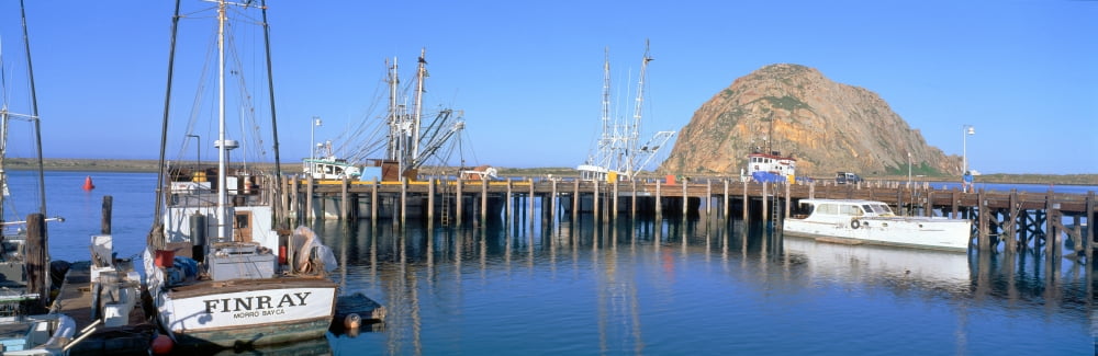 Boat landing and Morro Rock at Morro Bay California Canvas Art - Panoramic Images (27 x 9)