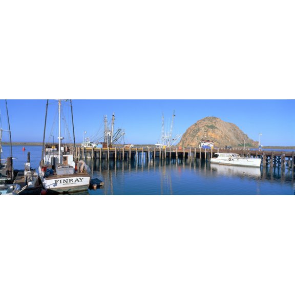 Boat landing and Morro Rock at Morro Bay California Canvas Art - Panoramic Images (27 x 9)