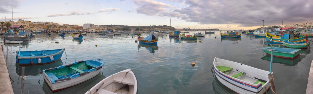 Boat moored at a harbor Marsaxlokk Bay Malta Canvas Art - Panoramic Images (12 x 38)