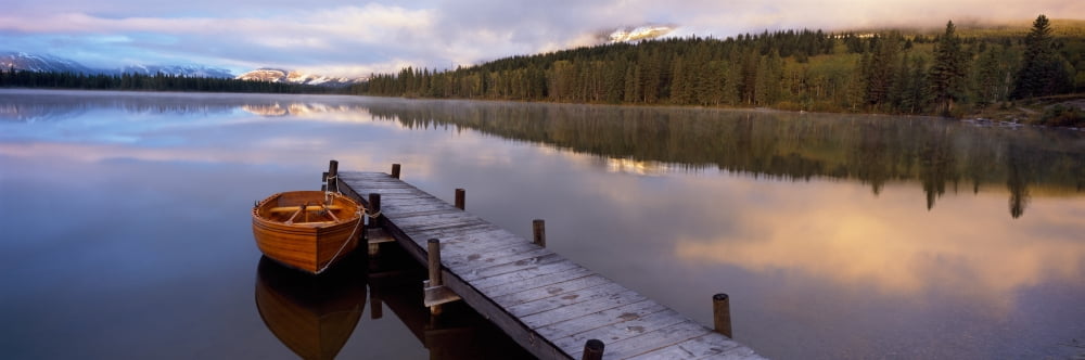 Boat moored at a pier Hector Lake Mt John Laurie Rocky Mountains Kananaskis Country Calgary Alberta Canada Canvas Art - Panoramic Images (27 x 9)