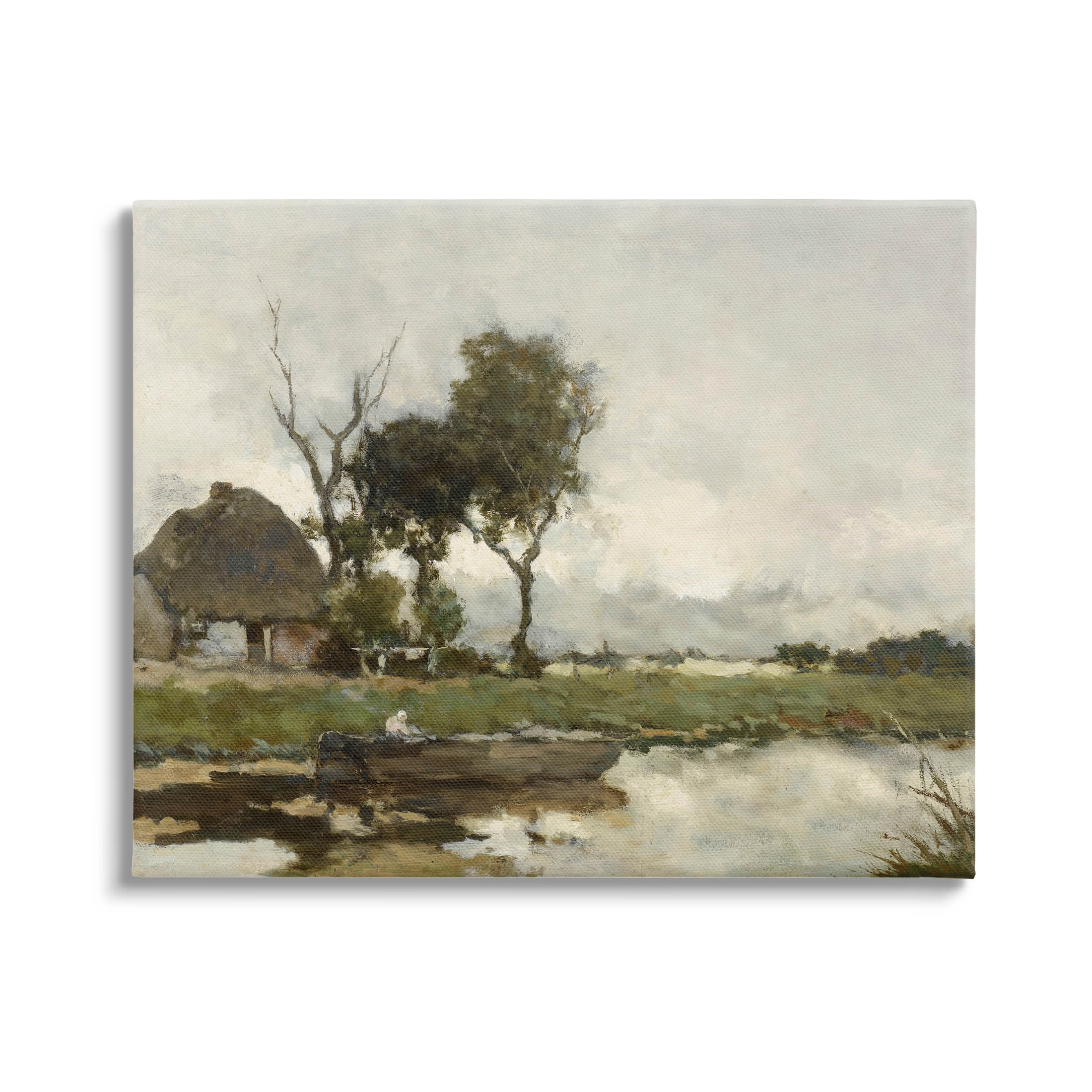 Boat on River Classic Scene Landscape Painting Gallery Wrapped Canvas Print Wall Art