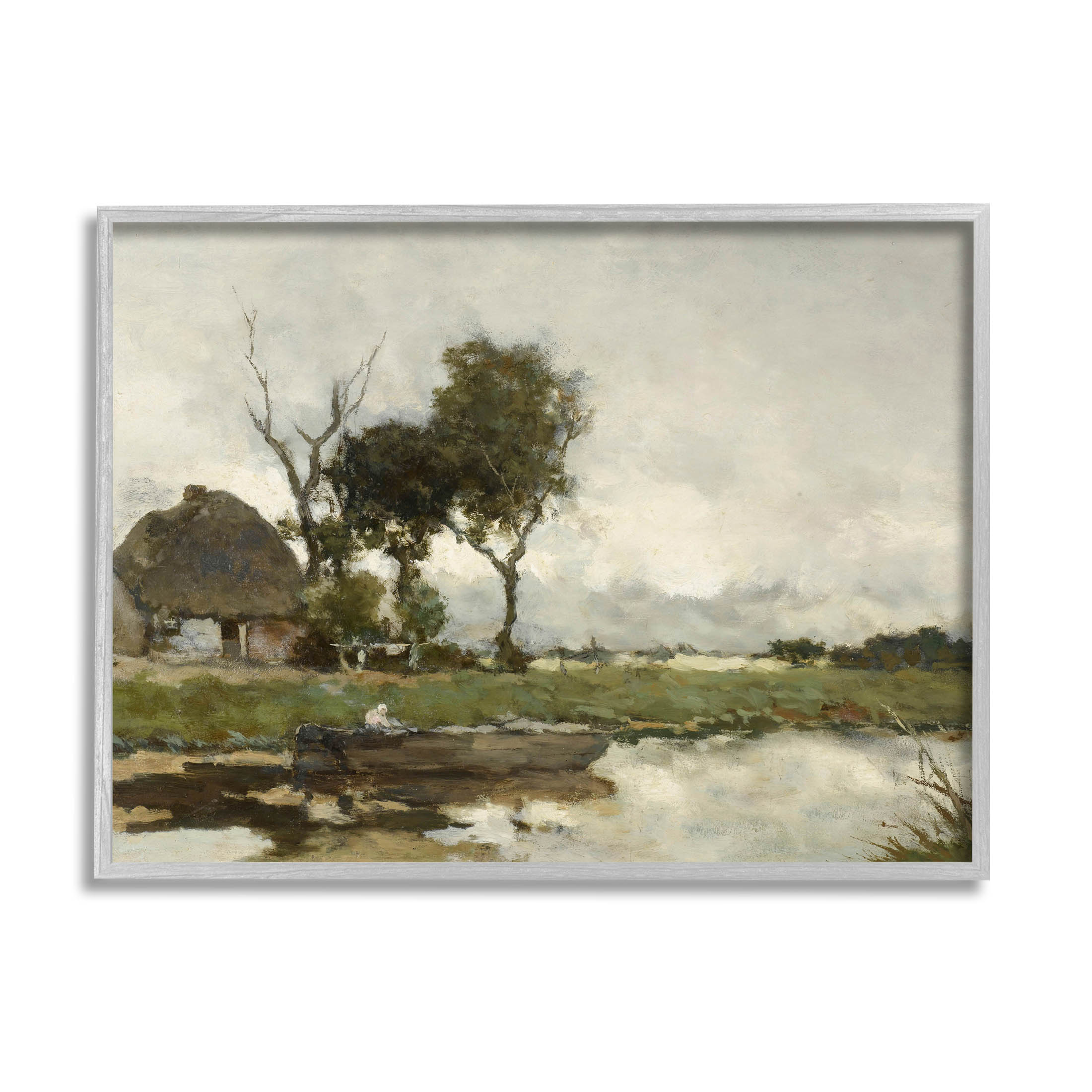 Boat on River Classic Scene Landscape Painting Gray Framed Art Print Wall Art