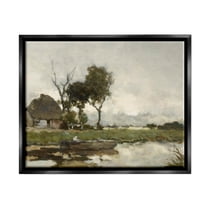 Boat on River Classic Scene Landscape Painting Jet Black Framed Art Print Wall Art