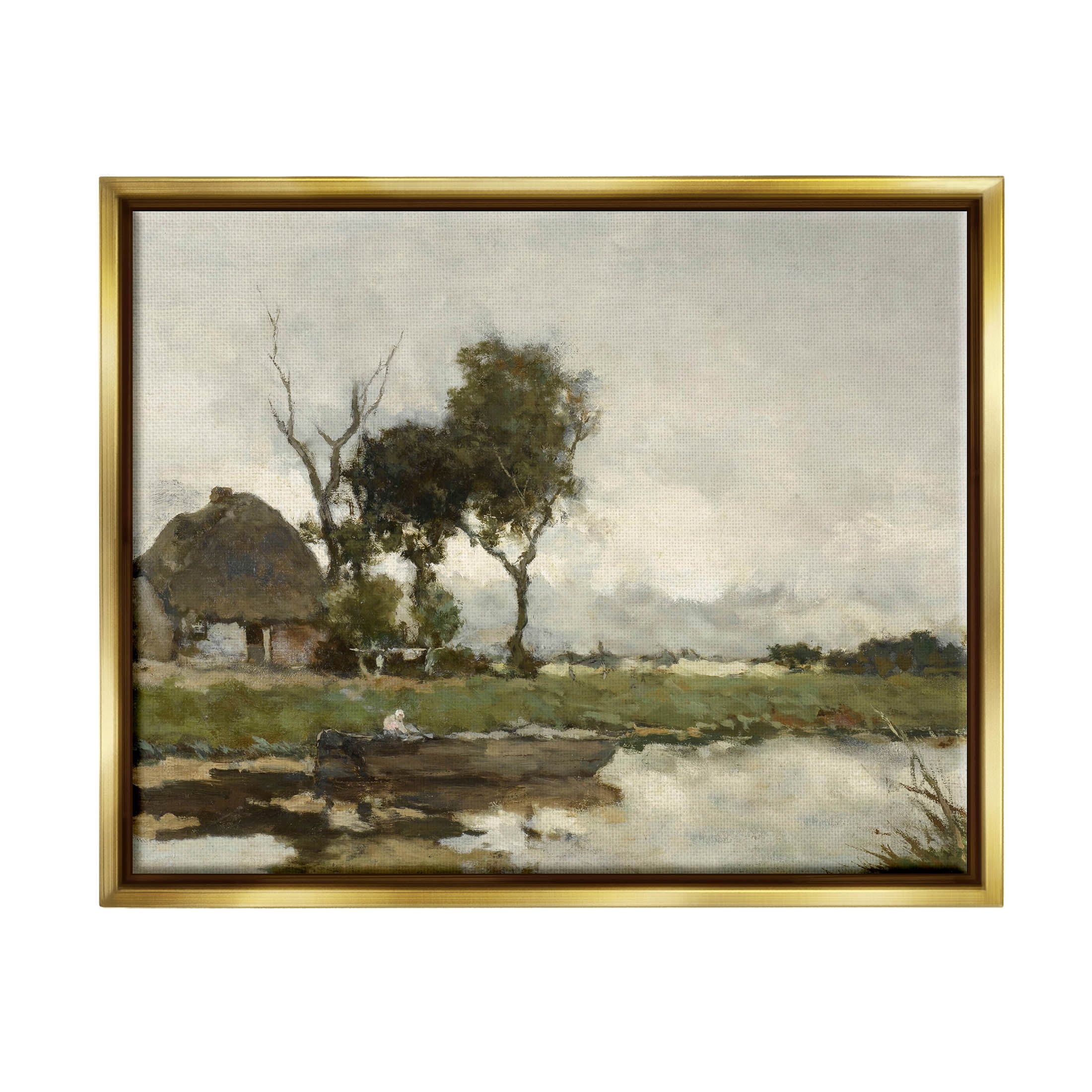Boat on River Classic Scene Landscape Painting Metallic Gold Framed Art Print Wall Art