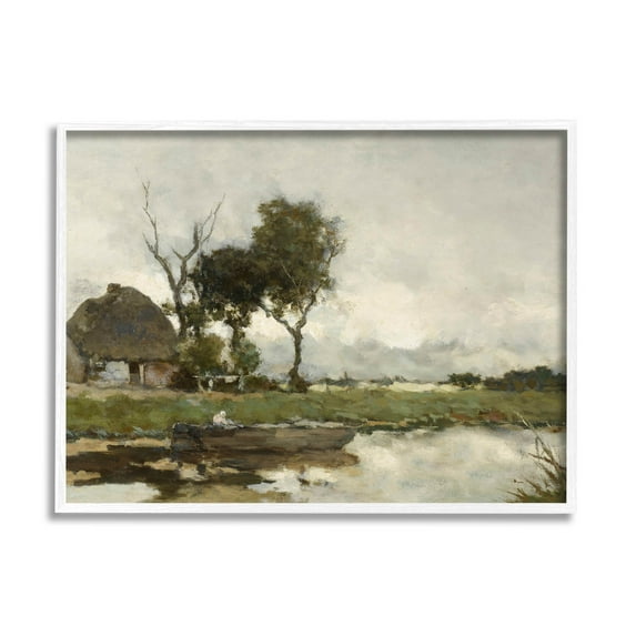 Boat on River Classic Scene Landscape Painting White Framed Art Print Wall Art