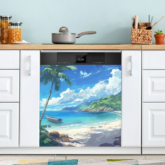 Boat on Sea and Beach Dishwasher Magnet Cover Magnetic Fridge Door Cover Home Kitchen Decor 23"x 26"