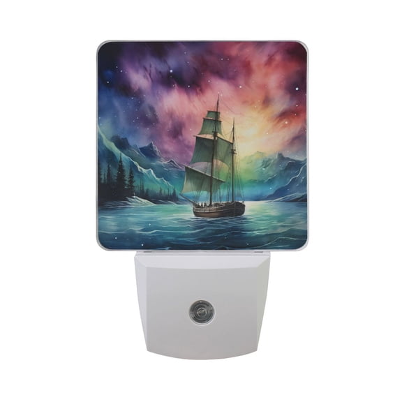 Boat on Sea with Aurora Night Light 2 Pack LED Nightlight Plug into Wall Dusk to Dawn Sensor Soft White