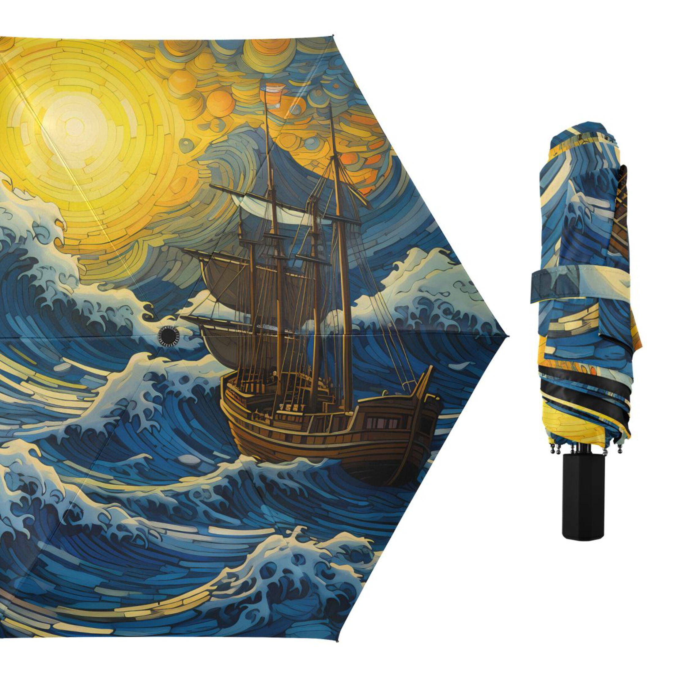 Boat on Wave and Sun Compact Sun Umbrella Windproof Travel Umbrellas for Rain Strong Portable UV Protection
