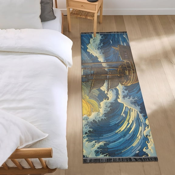 Boat on Wave and Sun Runner Area Rug 2x6 Soft Non-Slip Washable Bedside Carpet for Hallway Bedroom Living Room Home Decor