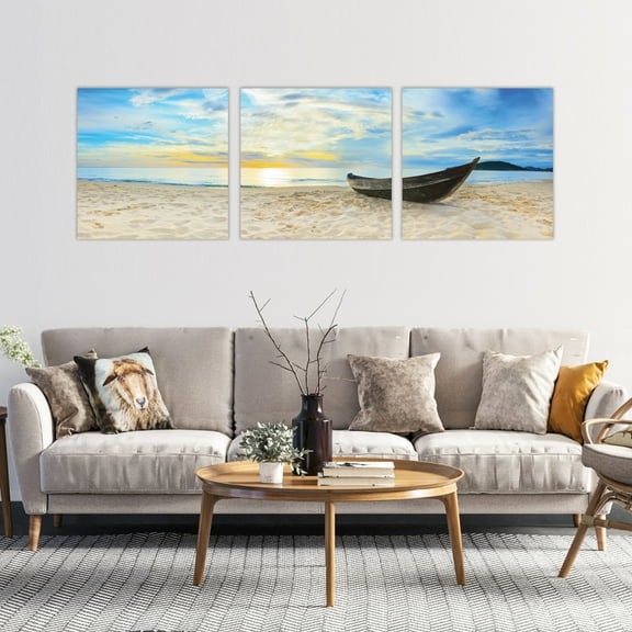 Boat on the shore of the beach wall art on sunrise time set of 3 20x20inch each panel canvas stretched on wood frame