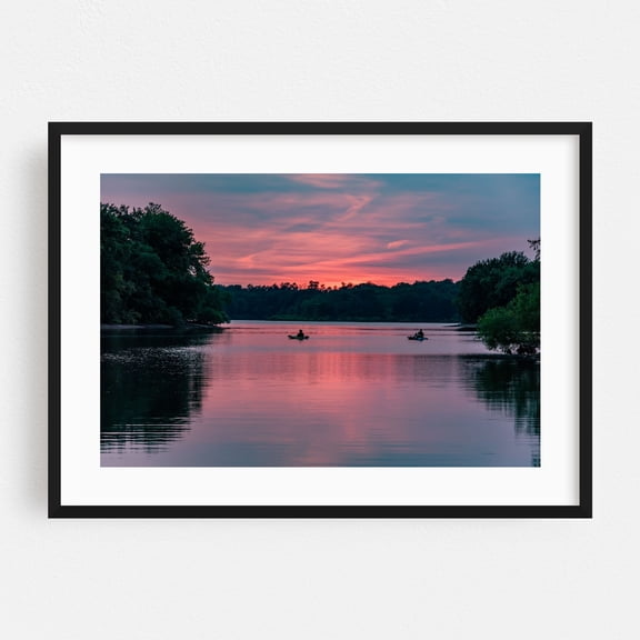 Boaters Enjoying the Sunset on Lake Marburg, PA - Hanover Pennsylvania Photography Sunset Lake Silhouette Scenic Water Nature Landscape Black Framed Wall Art Print 20 x 30 inches