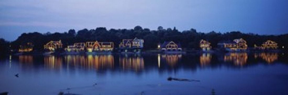 Boathouse Row lit up at dusk Philadelphia Pennsylvania USA Canvas Art - Panoramic Images (18 x 6)