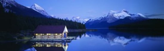 Boathouse at the lakeside Maligne Lake Jasper National Park Alberta Canada Canvas Art - Panoramic Images (36 x 12)