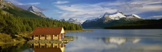 Boathouse at the lakeside Maligne Lake Jasper National Park Alberta Canada Canvas Art - Panoramic Images (36 x 12)