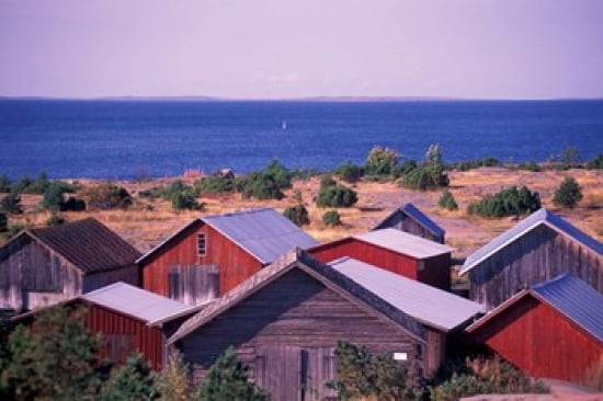 Boathouses of the Aland Islands Finland Canvas Art - Nik Wheeler DanitaDelimont (27 x 18)