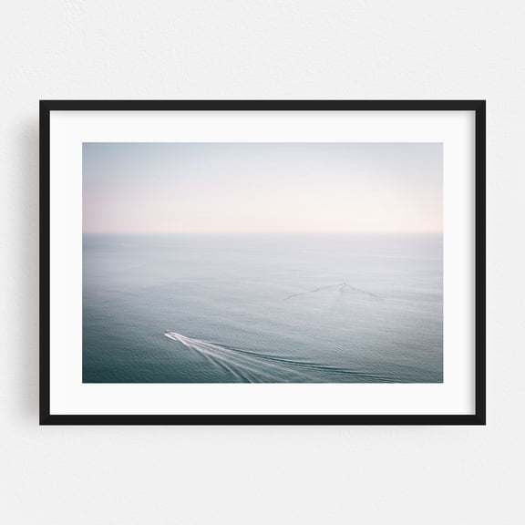 Boating, Amalfi Coast - Campania Italy Photography Boat Ocean Minimalist Waves Minimalist Ocean Coast Water Black Framed Wall Art Print 5 x 7 inches