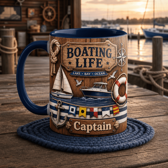 Boating Mug 3D Effect Captain Coffee Cup, Boat Lover Gift for Lake Bay Ocean