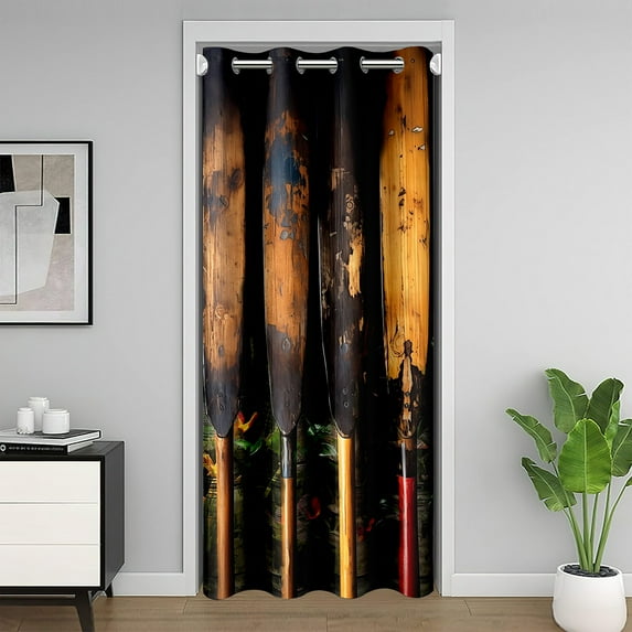 Boating Paddle Door Curtain,Lake House Fishing Adventure Decorative Doorway Curtain for Closet Door,Rustic Flowers Wooden Plank Blackout Door Drape for Privacy,80"x34"