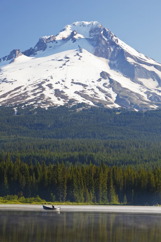 Boating In Trillium Lake With Mount Hood In The Background In The Oregon Cascades Oregon United States Of America Canvas Art - Craig Tuttle Design Pics (12 x 19)