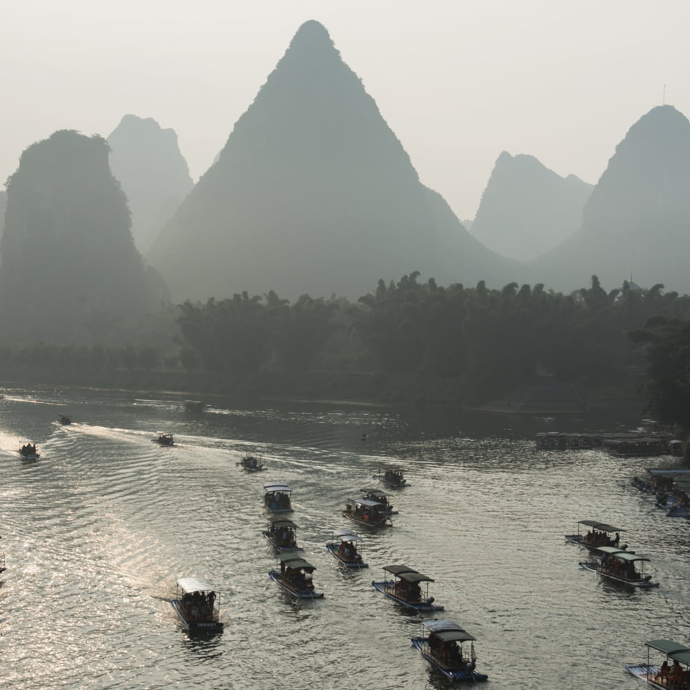 Boats Along The Li River At Sunset Guilin Guangxi China Canvas Art - Keith Levit Design Pics (15 x 15)