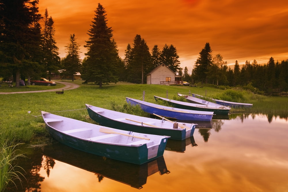 Boats And Cottage At Dusk Rimouski Lake Rimouski Wildlife Reserve Bas-Saint-Laurent Region Quebec Canvas Art - Yves Marcoux Design Pics (17 x 11)