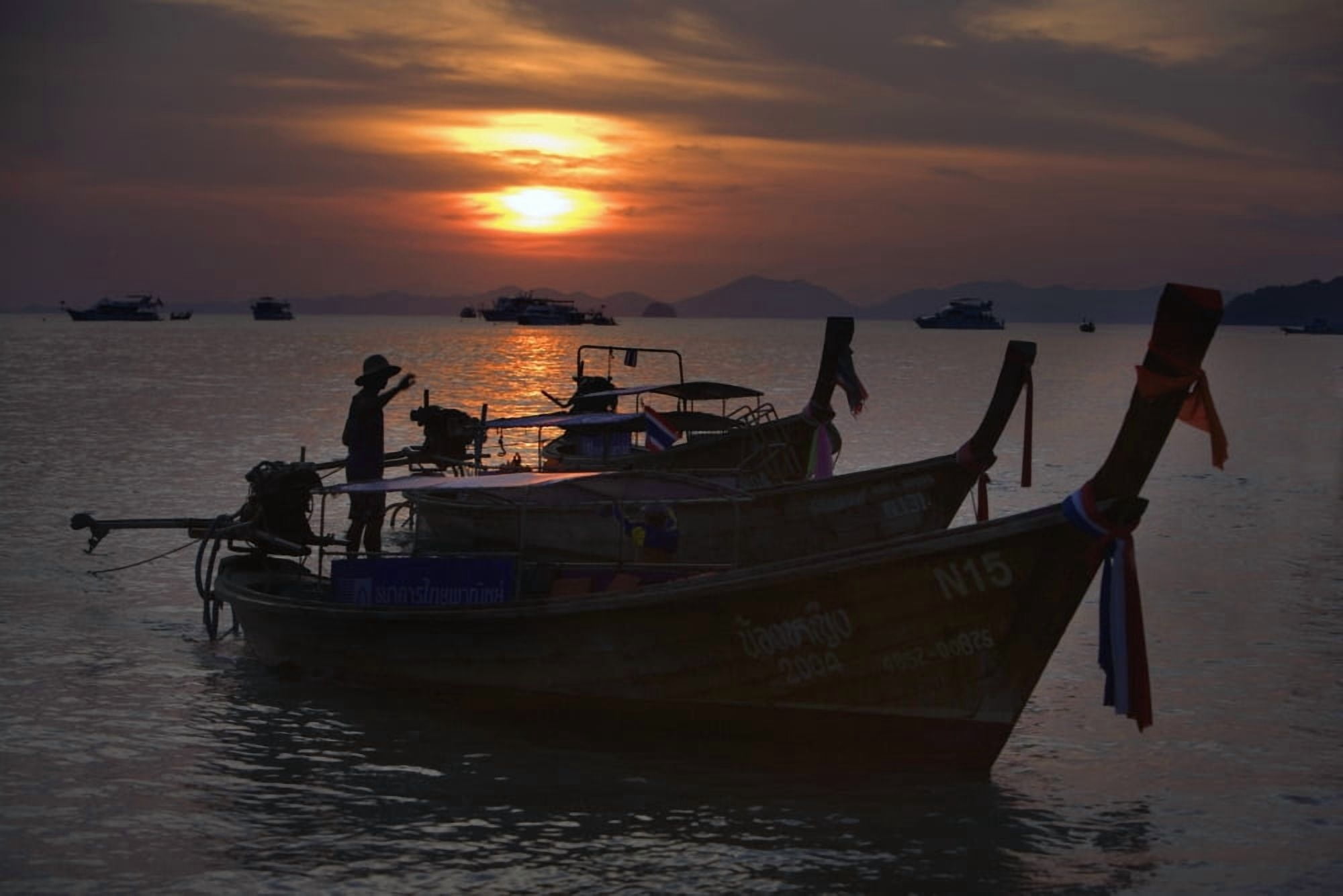 Boats At Sunset Krabi Thailand Canvas Art - Matt Brandon Design Pics (19 x 12)