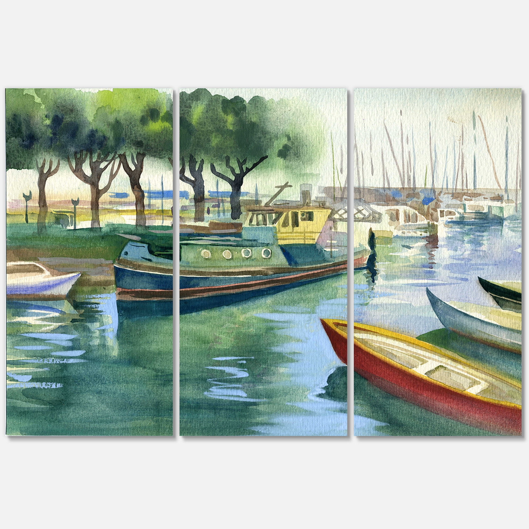 Boats At The Lake in Green Spring 28 in x 36 in Painting Canvas Art Print, by Designart