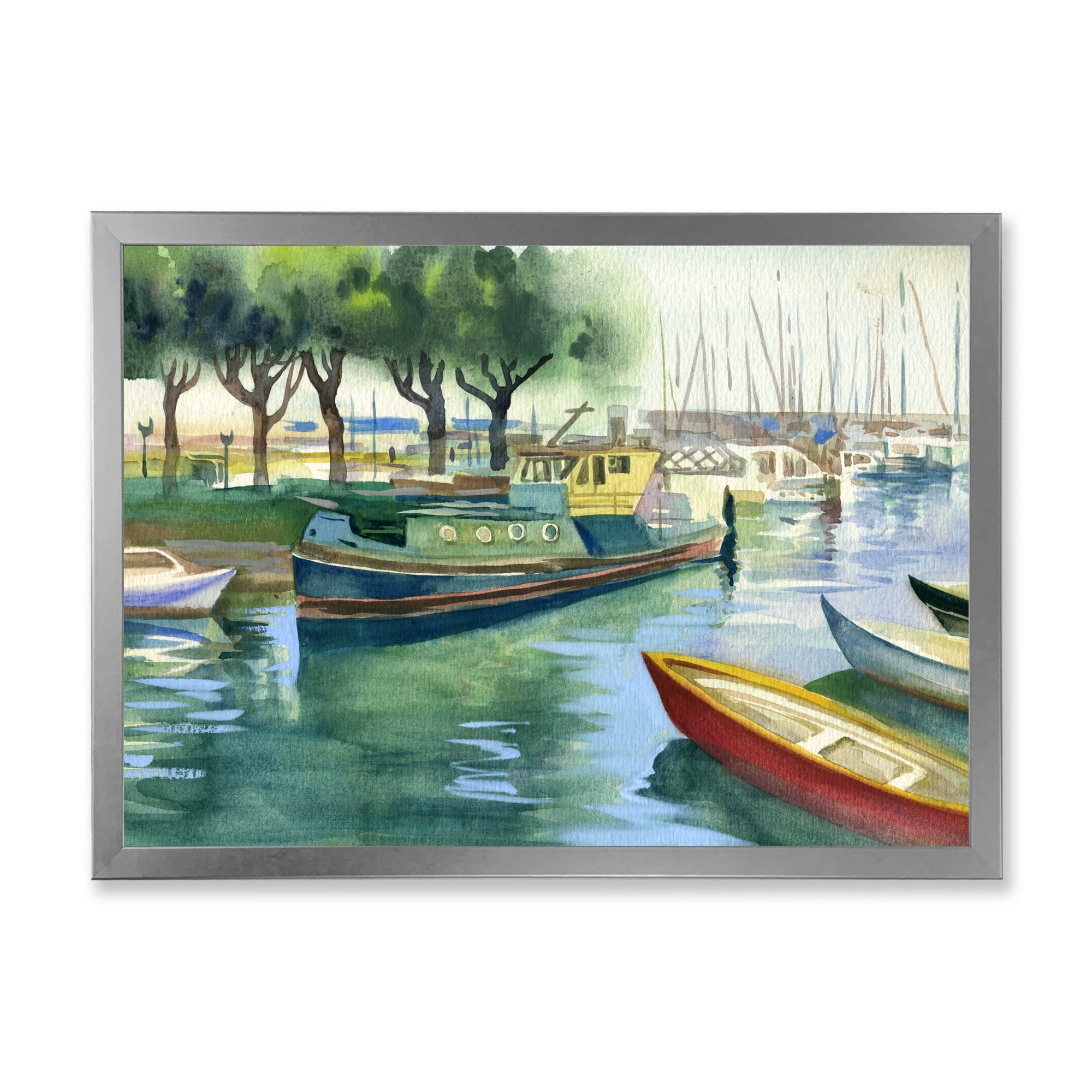 Boats At The Lake in Green Spring 32 in x 16 in Framed Painting Canvas Art Print, by Designart