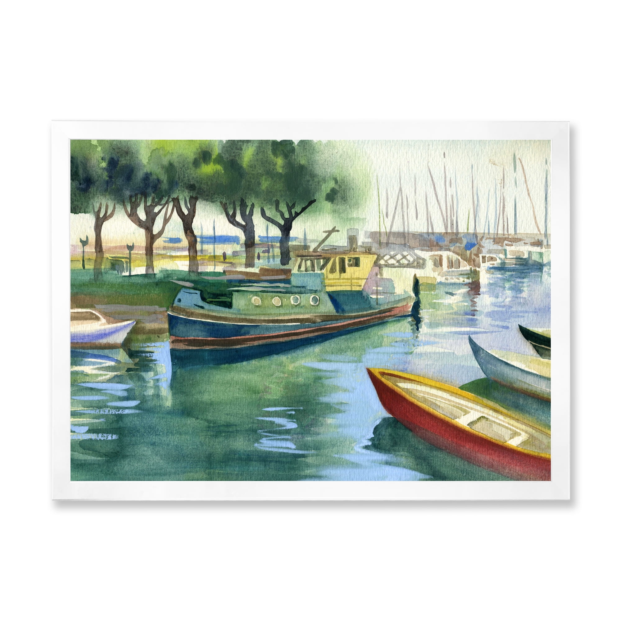 Boats At The Lake in Green Spring 40 in x 30 in Framed Painting Canvas Art Print, by Designart