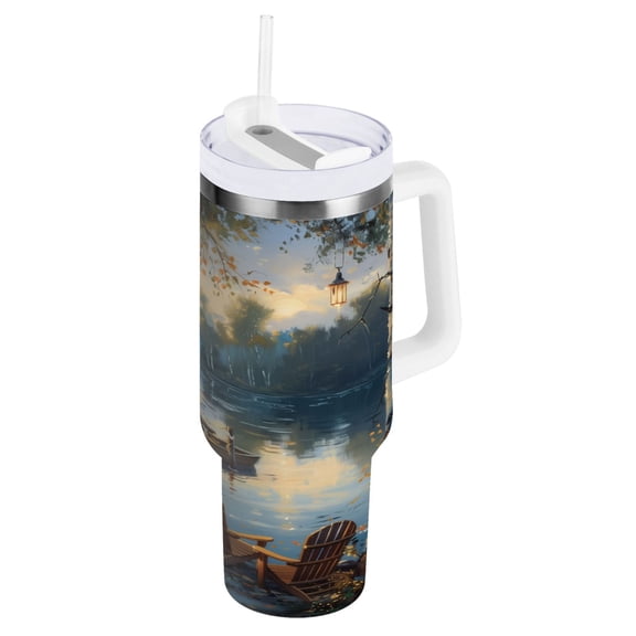 Boats Chairs Lakehouse Tumbler with Handle and Straw Lid 40 oz Insulated Vacuum Water Bottle Stainless Steel Travel Cup