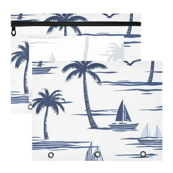 Boats Coconut Trees Navy Blue 3-Ring Binder Pouches A4 Size Zipper Pocket File Storage 2 Packs