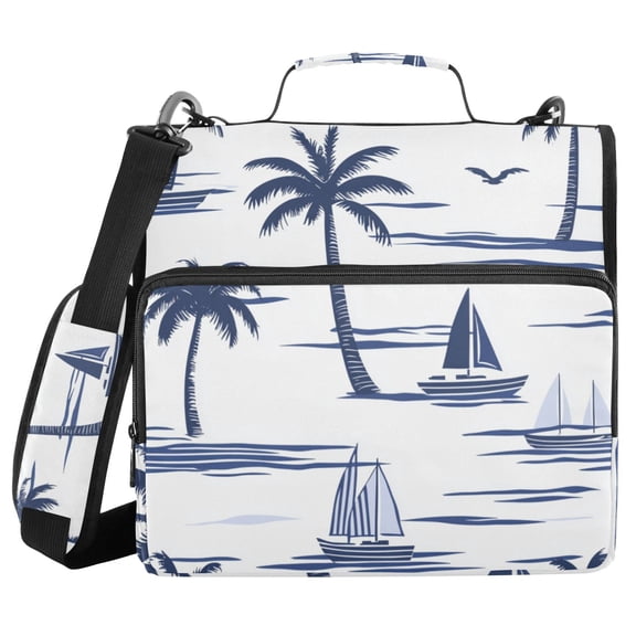 Boats Coconut Trees Navy Blue Binder Bag with Shoulder Strap 3 Ring Zipper Binder File Folder Document Storage