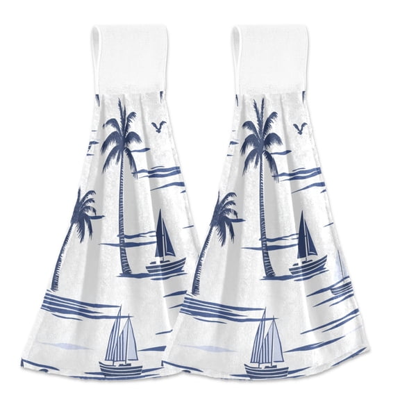Boats Coconut Trees Navy Blue Hanging Towels with Loop Hand Towels Nylon Fastener Tape Design Dish Cloths 2 Pieces