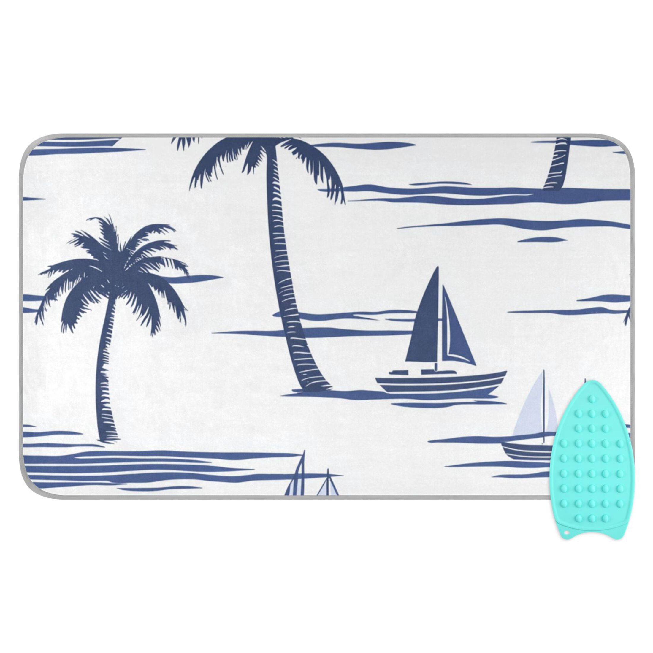 Boats Coconut Trees Navy Blue Ironing Mat Blanket Portable Travel Ironing Pad Heat Resistant Pad 47.2" x 27.6”