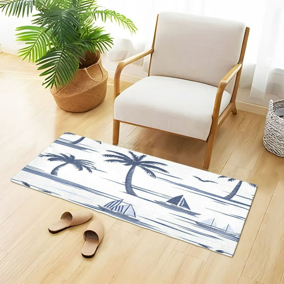 Boats Coconut Trees Navy Blue Plush Carpet Non Slip Runner Rug Absorbent Bath Mat 39" x 20"