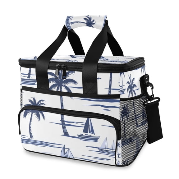Boats Coconut Trees Navy Blue Portable Cooler Lunch Box Reusable Insulated Lunch Bag Leakproof 15L