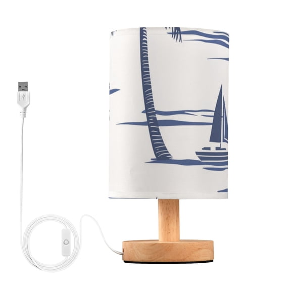 Boats Coconut Trees Navy Blue Table Lamp with USB Port LED Warm Light Lamp Night Light Home Decor
