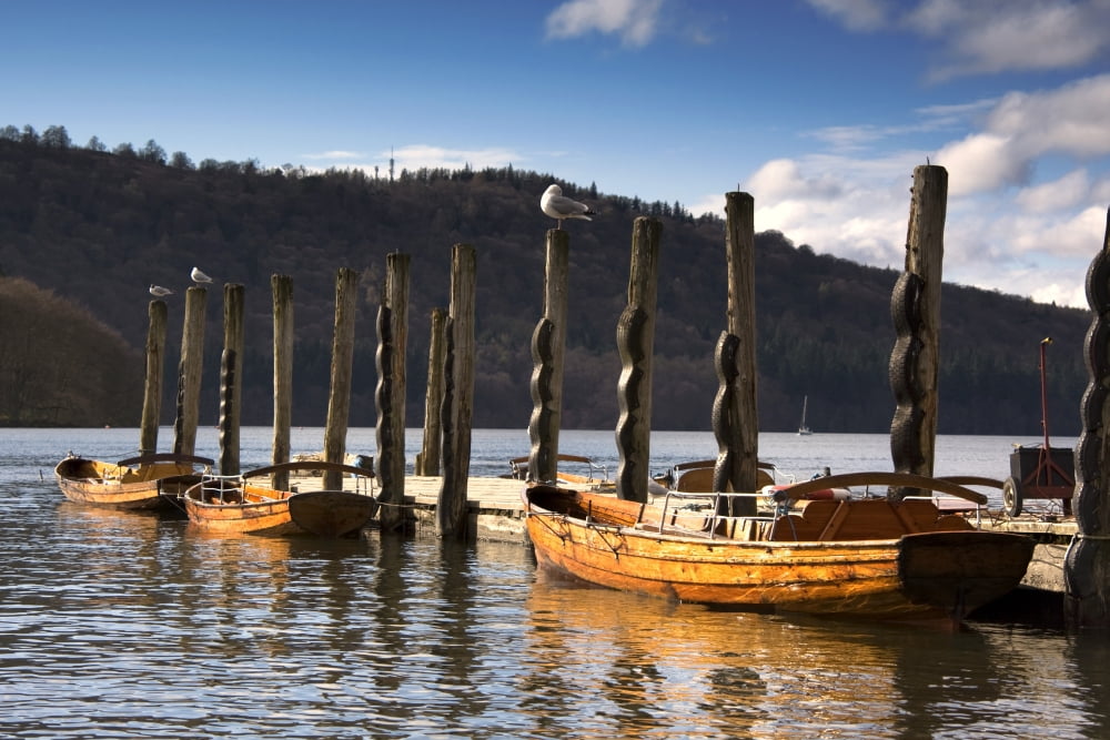 Boats Docked On A Pier Keswick Cumbria England Canvas Art - John Short Design Pics (34 x 22)