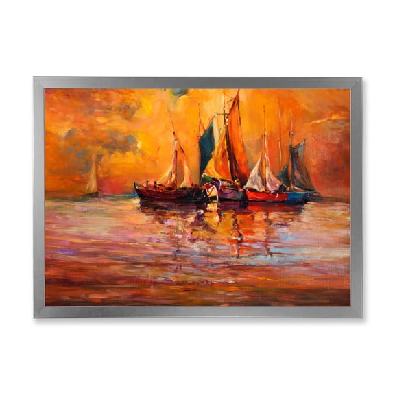 Boats During Evening Sunset In The Ocean I 20 in x 12 in Framed Painting Canvas Art Print, by Designart